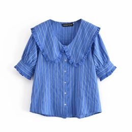 Women Chic Summer Stripe Blue Shirt Vintage Single Breasted Fashion Peter Pan Collar Puff Sleeve Blouse Female Tops 210521