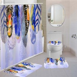 Shower Curtains Coloured Feather Fabric 4 Pieces Set For Bathroom Screen Curtain 180x180cm Pedestal Rug Lid Toilet Cover Bath Mat