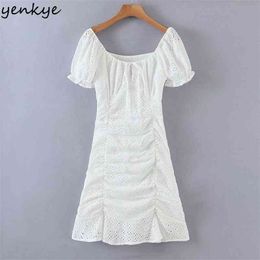 Fashion Women White Draped Sexy Lace Dress Female Square Neck Short Sleeve Bodycon Mini Summer Party Vestido 210514