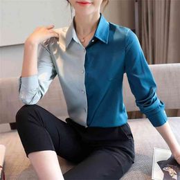 Korean Silk Shirts Women Long Sleeve Satin Elegant Woman Patchwok Blouse Office Lady Shirt Tops Plus Size XXL 210427