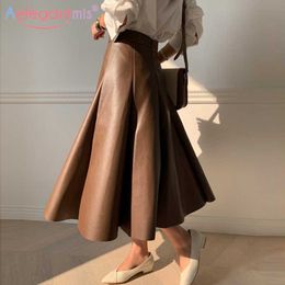 Aelegantmis Korean Casual Loose A Line Faux Leather Skirt Women Warm High Waist PU Female Quality Vintage Mujer 210607