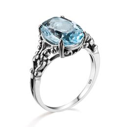 Real 925 Sterling Silver Womens Rings Fine Jewellery Aquamarine Ring Neo-Gothic Oval Shape Gemstones Wedding Bands Jewellery Gift