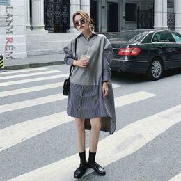 Winter All-match Loose Turn-down Collar Stripe Knitting Patchwork Knee-length Gray Fashion Dress For Women 2A1948 210526