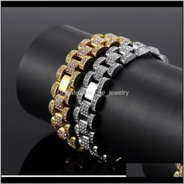 Bracelets Jewelrybling Bling 15Mm 21Cm Gold Sier Hip Hop Mens Rhinestones Watchband Chain Bracelet Tank Bangle For Boys Rapper Rocker Punk Ic