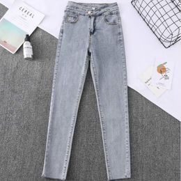 Double-breasted High Waist Stretch Jeans Female Ins Slim Slimming Feet Tight Nine-point Pants Fashion Wild Pencil 210423
