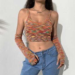 HEYounGIRL Summer Sleeveless Knitted Crop Top T Shirt with Sleeves Tie Dye Print Y2K 90s Fashion T-shirt Women 2021 Streetwear Y0629