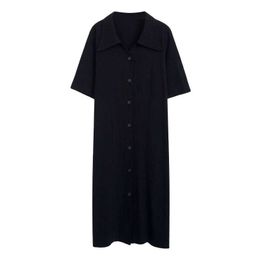 PERHAPS U Black Turn Down Collar Solid Button Short Sleeve Midi Dress Pocket Shirt Dress Summer Casual D0535 210529