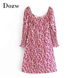 Women Long Sleeve Floral Print Dress Back Bow Tie Hollow Out Holiday Sweet A Line Ruffle Mini es Robe Femme 210515