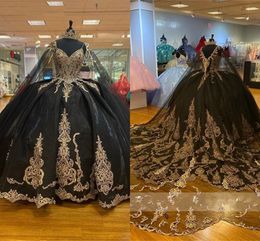 Black Organza Tulle Gold Lace Quinceanera Dresses With Cape 2023 Crystal Beads Sweet 16 Dress Shawl Ball Gowns Puffy Vintage
