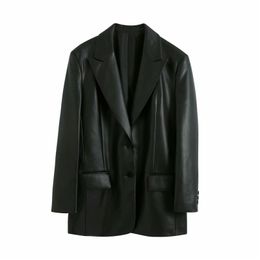 Fashion women PU leather-clad elegant ladies pocket jacket streetwear female causal loose blazer black girls chic sets 210427