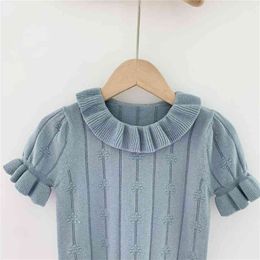 Super Beautiful Kids Girl Summer Knitted T shirt Ruffle Collar Lovely Toddler Tshirt Short Sleeve Thin Knit Tops 210619