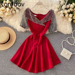 Korobov Women Party Night Dress Korean V Neck Sexy Perspective Mesh Lurex Short Sleeve Dresses Elegant Vestidos 79608 210430