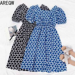 Summer Style Square Neck Back Tie Bow Knot Halter Puff Sleeve High Waist Slim Dress Women 210507