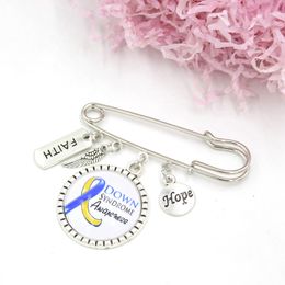 Wholesale Hope Faith Cancer Brooch Blue and Yellow Ribbon Down Syndrom Awareness Brooches Safety Pins for men women Jewellery