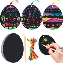 Colourful Scratch Paper Creative DIY Children Easter Scratch Paper with Bamboo Pen and Hanging Rope Easter Party Favour RRB12021