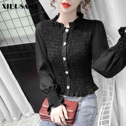 Pleated Blouses Women Casual Chiffon Shirts Tops Spring Autumn Female Elastic Tight Long Sleeve Cardigan Blusas 210423