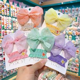 2 Pcs New Fashion Korean Sweet Girl Plaid Fabric Lace BB Clip Children's Simple Beautiful Dot Yarn Bow Hairpin Hair Accessories