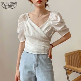 Puff Sleeve Women Blouses Summer V-neck Lace Up Short Shirts Chic Elegant Tops Solid Casual Chiffon Blusas Femme 14277 210527