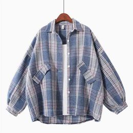 Women Autumn Blouse Long-sleeved Plus Size College All-match Shirt Plaid Top Female GX1528 210507