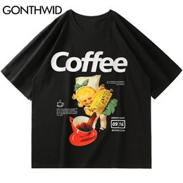 GONTHWID T-Shirts Streetwear Coffee Poster Print Casual Loose Tshirts Hip Hop Harajuku Cotton Short Sleeve Tees Men Fashion Tops C0315