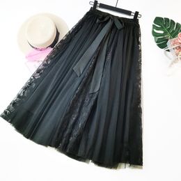 Fashion Tutu Tulle Skirt Women Long Maxi Skirt Korean Cute Bow High Waist Pleated Skirt Female School Sun Spodnica 210522