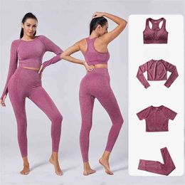 Women Sportswear Yoga Set Gym Clothes Tracksuit Long Sleeve Crop Top High Waist Seamless Leggings for Fitness Sports Short Suits 210802