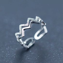 Zircon Geometric Double Layer Ring for Women 925 Sterling Silver Wave Adjustable Free Size Rings Fine Jewelry 210707