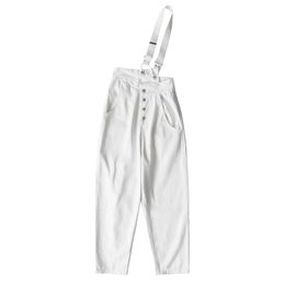 Women White Zipper Button Solid Denim Jeans Pocket High Street Wide Leg Pants Autumn Winter Overalls P0046 210514