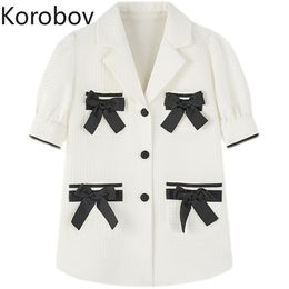 Koorbov Summer New Fashion Bow Women Blouses Vintage Puff Short Sleeve Single Breasted Female Shirts 210430