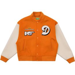 Hip Hop Varsity Jacket Men Letter Embroidery Color Block College Womens Harajuku Street Baseball Coats Unisex Orange