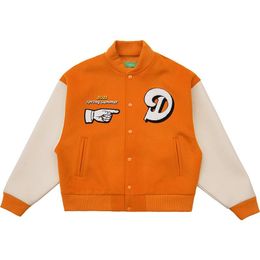 Hip Hop Varsity Jacket Uomo Lettera Ricamo Color Block College Womens Harajuku Street Baseball Cappotti Unisex Arancione