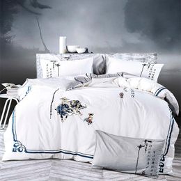 Grey White Washed Cotton Sheet Pillowcase Duvet Cover Exquisite Embroidery Cow Boy Bedding Set 4PCS Sets