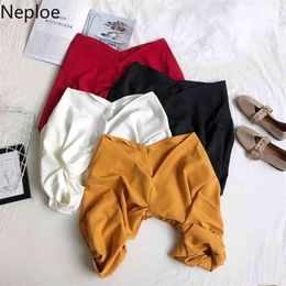 Neploe V Neck Sexy Off Shoulder Puff Long Sleeve Blouse Women Korean Tie Design Slim Short Blusas Spring Shirt 49109 210719