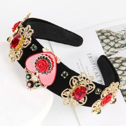 Baroque Vintage Metal Flower Headband for Women Big Red Gemstone Resin Heart Shape Decor Hairband Tiara Hair Accessories