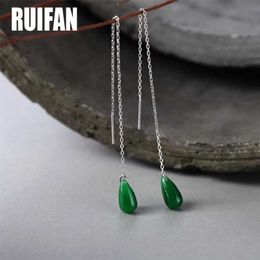 Ruifan Teardrop Green Natural Jade Dangle Long Earrings for Women 925 Sterling Silver Line Threader Earring Jewellery YEA106 210317