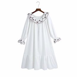 Women Embroidery Romantic Dress Solid Cute Ruffles Midi Dresses Thin Elegant Casual Vestiods 210521