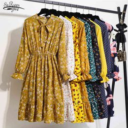 Korean Style Long Sleeve Women Dress Vintage Floral Chiffon Elastic High Waist for Midi Vestidos 9113 50 210508