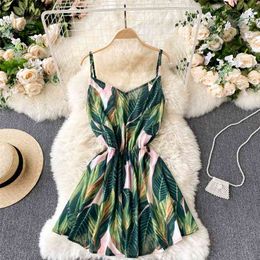 Summer Sexy Female Spaghetti Strap Backless Mini Dress Casual Women Floral Print Vintage Bohemia Beach 210430