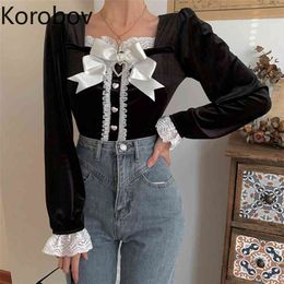 Korobov Korean Elegant Sexy Women Velour Blouses Vintage Flare Sleeve Female Shirts Sexy Lace Patchwork Bow Button Blusas Mujer 210430