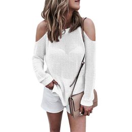 spring and autumn Casual woman White Thin sweaters Sexy off the Shoulder mesh knitted O-Neck Armygreen hollow out pullover 210604