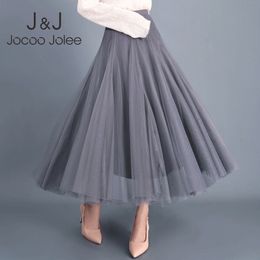 Jocoo Jolee Women Solid Mesh Gauze High Waist Spring Autumn Slim Long Skirt A-Line Ball Gown Sweet Pleated Elegant Casual 210518