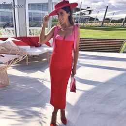 Summer High Quality Sexy Red Party Bandage Dress Women Fashion Elegant Spaghetti Bow Tight 210527