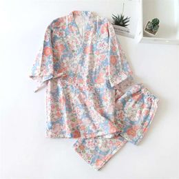 Japanese-style kimono cotton fresh style pajamas suit female casual spring and summer pajamas two-piece home service 210928