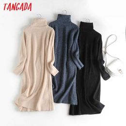 Tangada autumn winter fashion women turtleneck sweater dress long sleeve loose female solid midi knit dress vestidos 6D28 210609