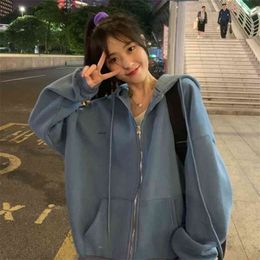 Zip up Women Korean Style hoodies For Girls Top Vintage Solid Long Sleeve Oversized Hooded Sweatshirt Jacket Casual Large Coats 210803