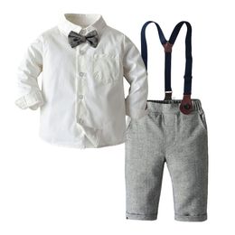 2pcs Baby Clothing Sets Kids Clothes Autumn Boys Sets Boy Long Sleeve Gentleman Suits White Shirts + Suspenders Pants