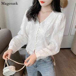 V Neck Button Embroidery Floral Shirt Women Elegant Office Lady Long Sleeve Solid Blouse For Korean White Tops Chic 10536 210512