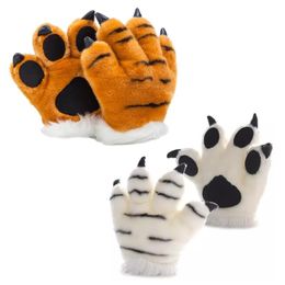 Cinco dedos luvas simulação tigre / panda pelúcia listrado macio animal peludo brinquedos acolchoado mão aquecedor halloween cosplay fantasia miten