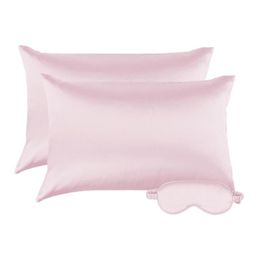 Pillow Case 2PCS Satin Silk Pillowcase PinkSolid Colour Imitated Cover Soft With 1pc Eyeshade