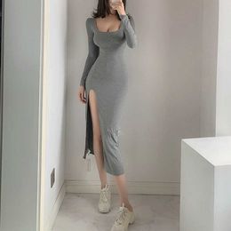 WOMENGAGA Long Sleeve Sexy Women Dress Big O Collar Solid Color Elastic Thin Temperament Simple And Fashion OIY5 210603